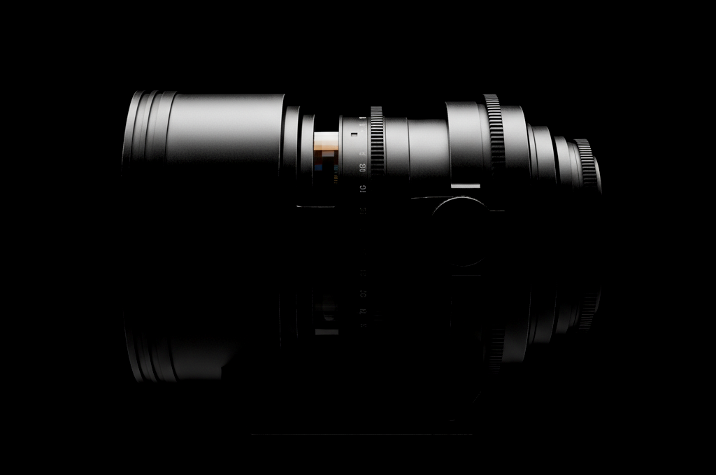 Firefly_gemini-flash_Minimalistic studio shot of a big professional Cine-Lens side profile view, high-cont 940030